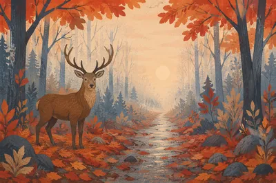 Serene Stag on Misty Autumn Forest Path