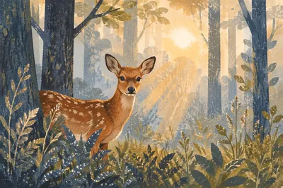 Young Deer in Misty Morning Forest