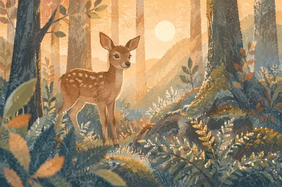 Young Deer in Misty Morning Forest
