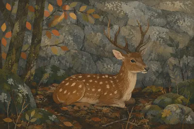 Spotted Deer Resting in Morning Forest