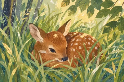 Peaceful Fawn Resting in Morning Forest Grass