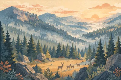 Deer in Misty Sunrise Forest Valley