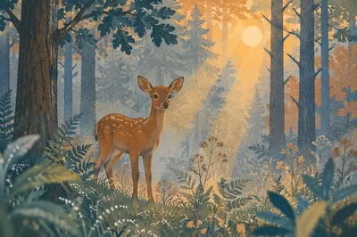 Morning Deer in Misty Forest Clearing