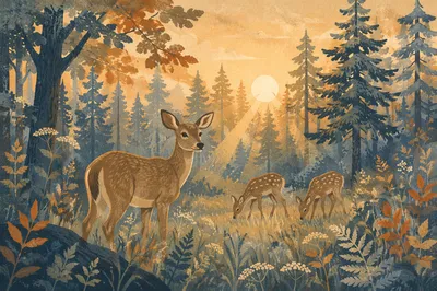 Deer in Misty Morning Forest Clearing