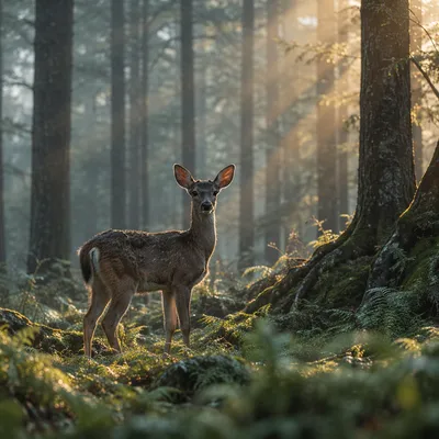 Young Deer in Misty Morning Forest