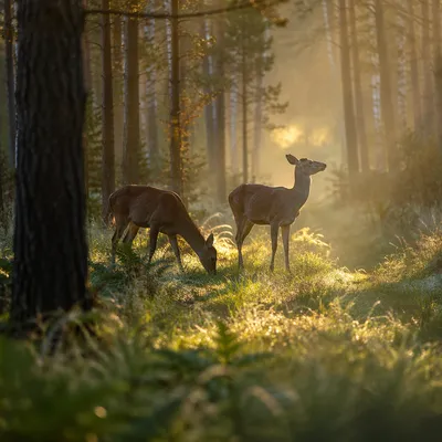 Deer in Misty Morning Forest Clearing