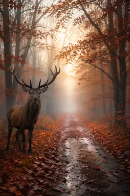 Majestic Stag on Misty Autumn Forest Path