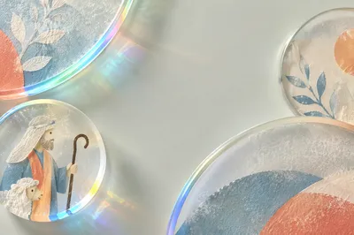 Iridescent Glass Curves on Sage Background