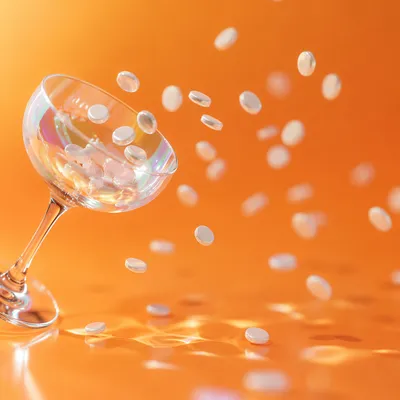 Iridescent Glass Vessel on Orange Abstract Background