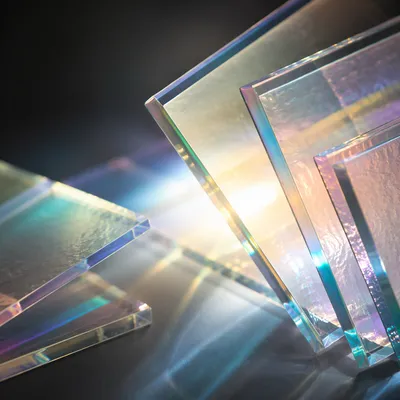 Layered Iridescent Glass Panels in Dark Studio