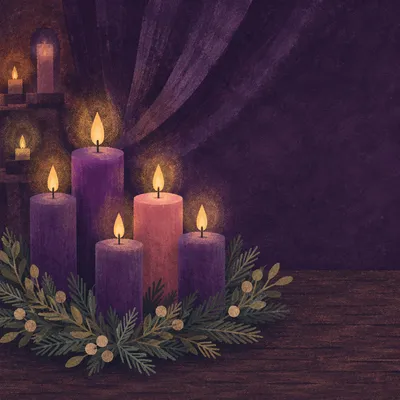 Purple and Rose Candles in Evergreen Wreath