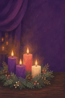 Purple Advent Candles on Evergreen Wreath