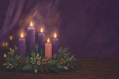 Advent Candle Glow on Purple Background