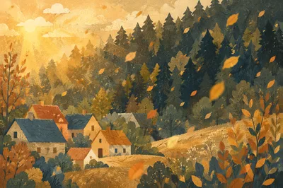 Golden Autumn Leaves Over Rural Hillside