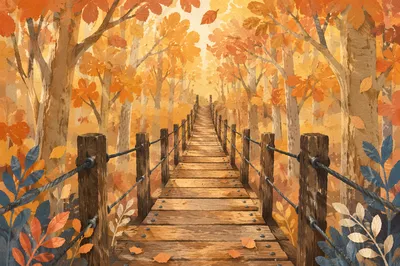 Golden Autumn Footbridge Into Peaceful Forest
