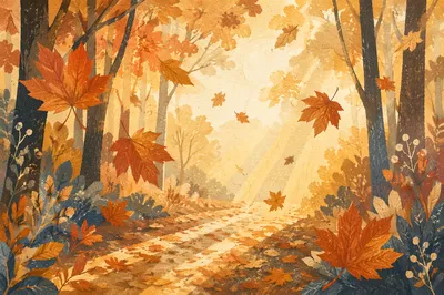 Autumn Leaves Drifting Along Forest Path