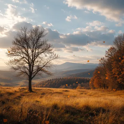 Golden Autumn Meadow with Falling Leaves