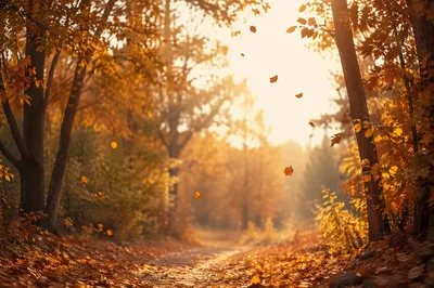 Golden Autumn Leaves Woodland Path Background