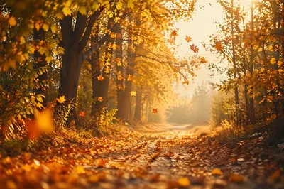 Golden Autumn Woodland Path in Warm Light