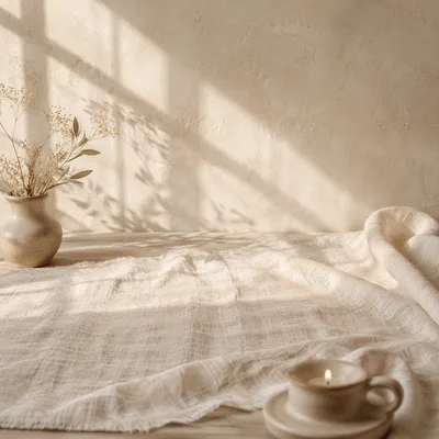 Warm Cream Linen Tabletop Background