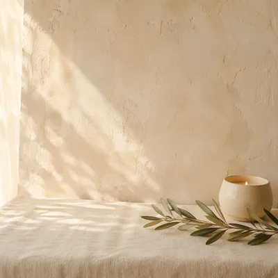Warm Cream Plaster Background with Olive Branch