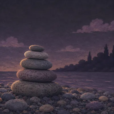 Twilight Cairn on Dark Pebble Shore