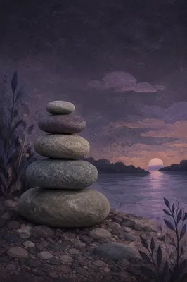 Twilight River Stone Cairn on Dark Background