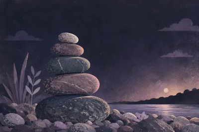 Balanced River Stones on Dark Twilight Background