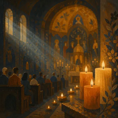 Warm Candlelit Church Interior Bokeh Background