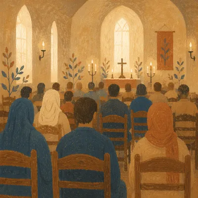 Warm Blurred Church Interior with Candle Bokeh