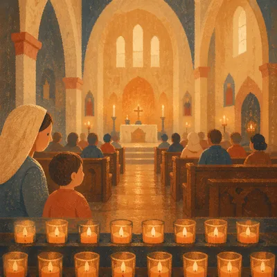 Warm Blurred Church Interior with Candle Bokeh