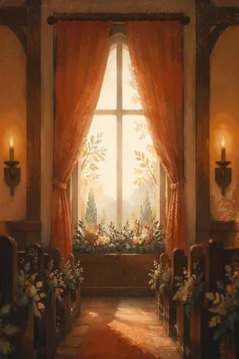 Warm Blurred Chapel Interior with Candlelight