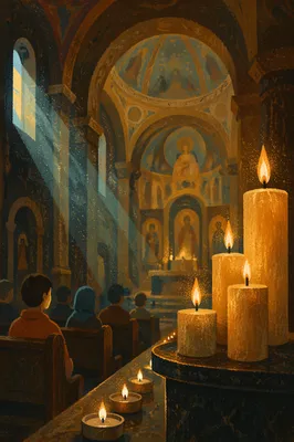 Warm Candlelit Church Interior Bokeh Background