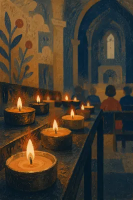 Warm Candle Bokeh in Quiet Chapel