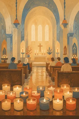 Warm Blurred Church Interior with Candle Bokeh