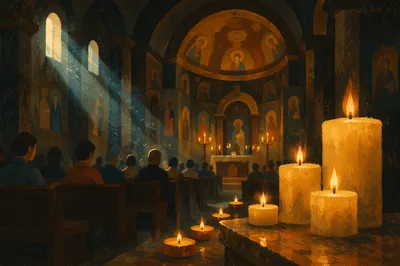 Warm Candlelit Church Interior Bokeh Background
