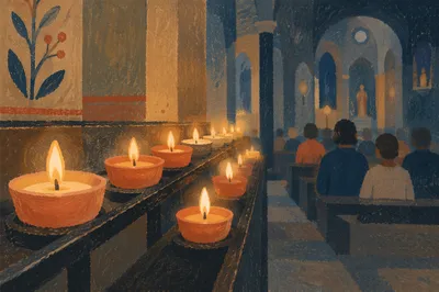 Warm Candle Bokeh in Quiet Chapel