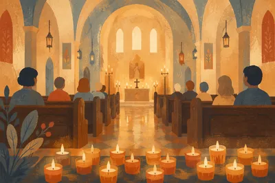 Warm Blurred Church Interior with Candle Bokeh