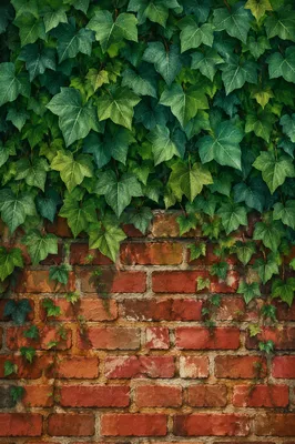 Red Brick Wall with Green Ivy Texture