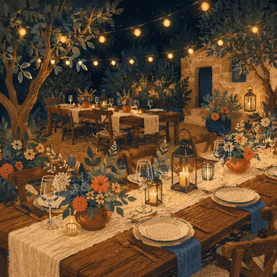 Warm Candlelit Outdoor Fellowship Table