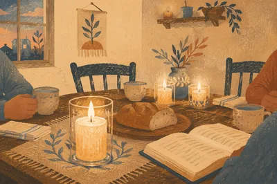 Warm Candlelit Fellowship Table at Dusk