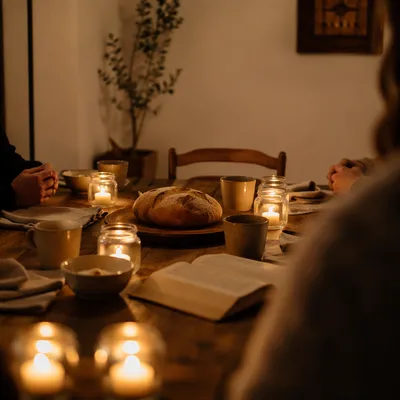 Warm Candlelit Fellowship Table at Dusk