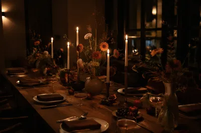 Candlelit Wooden Table for Intimate Gathering