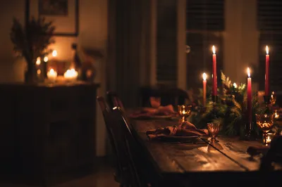 Warm Candlelit Rustic Dining Table Background