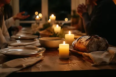 Candlelit Christian Fellowship Table at Evening