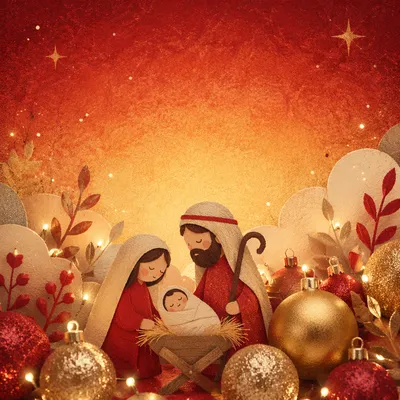 Gold Christmas Ornaments on Red Background