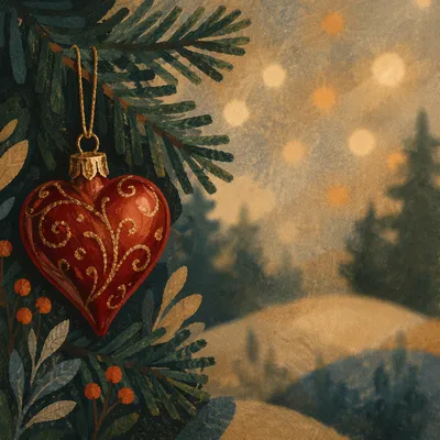 Red Heart Ornament in Evergreen Branches