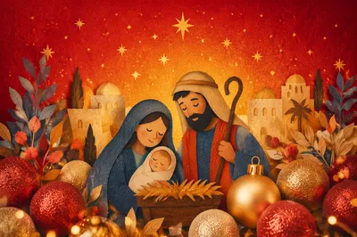 Gold Christmas Ornaments on Red Background