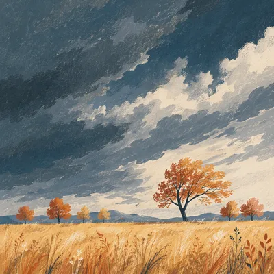 Dramatic Cloudy Sky Over Golden Prairie