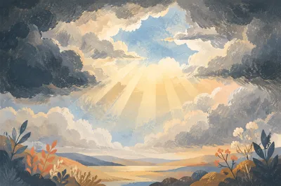 Dramatic Cloudy Sky with Golden Sunbeams